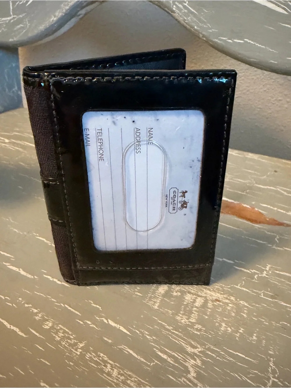 Coach Black Patent Leather ID Card Case with Monogram Side